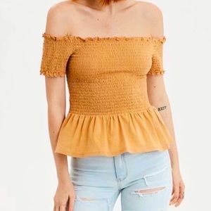 American Eagle Ruched Off Shoulder Crop Top